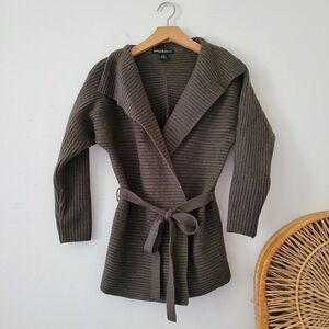Marina Luna 100% Merino Wool Ribbed Knit Tie Cardigan Olive Green M